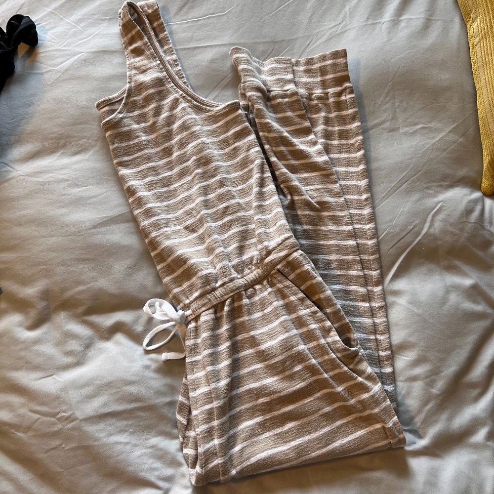 Aerie Lounge Romper - Tan and White Stripe with Drawstring Waist Size L